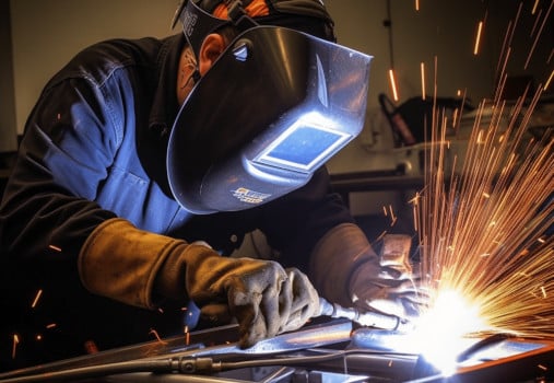 ein mitarbeiter der firma zaune wojcik schweißt ein metallzaun für einen deutschen kunden